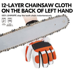 Vgo... Leather Chainsaw Gloves front view with high visibility orange