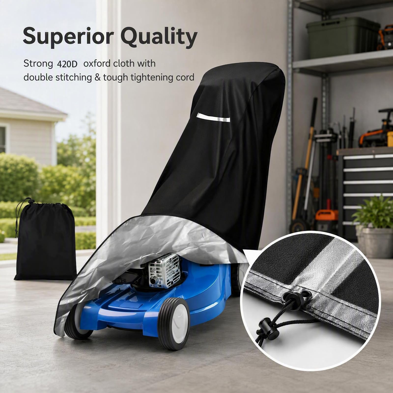 Viadom lawn mower cover showing reflective handle strips