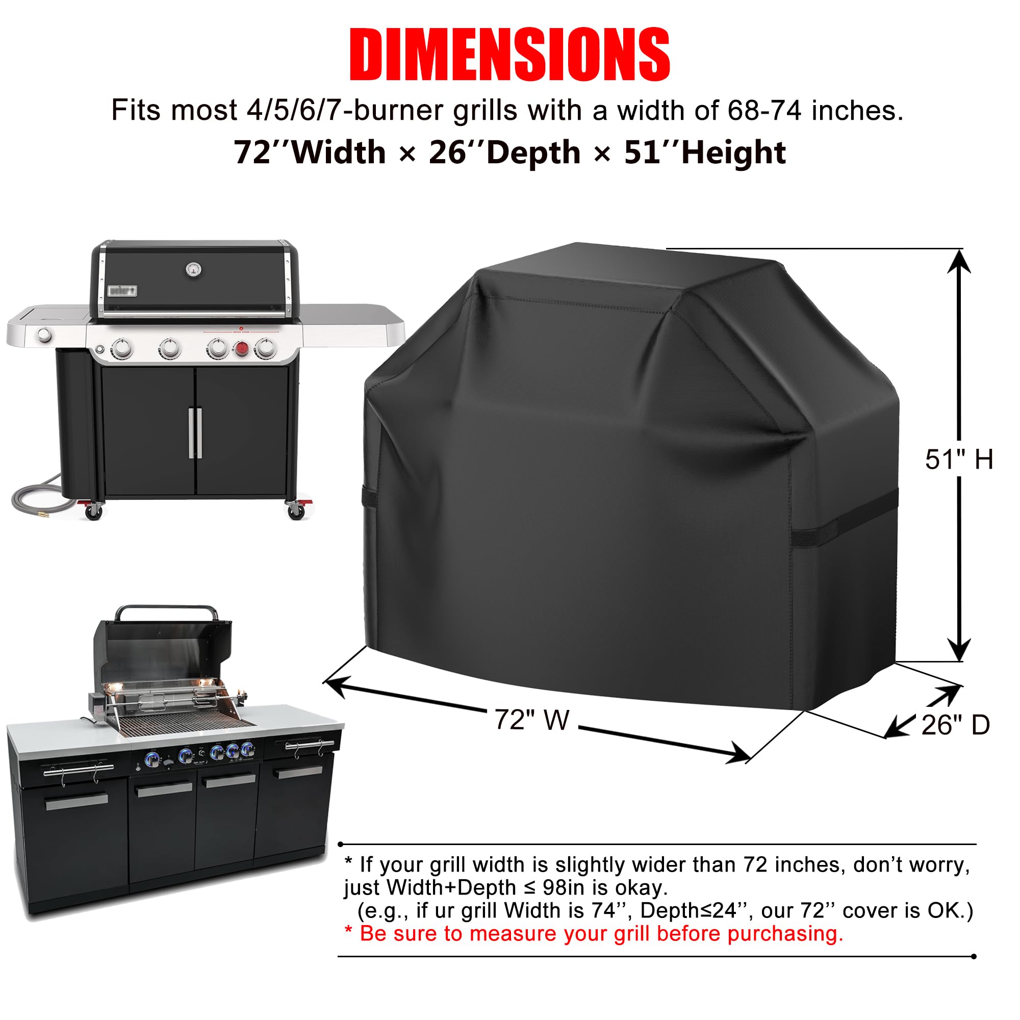 VIBOOS 72 inch BBQ Grill Cover showing adjustable hooks