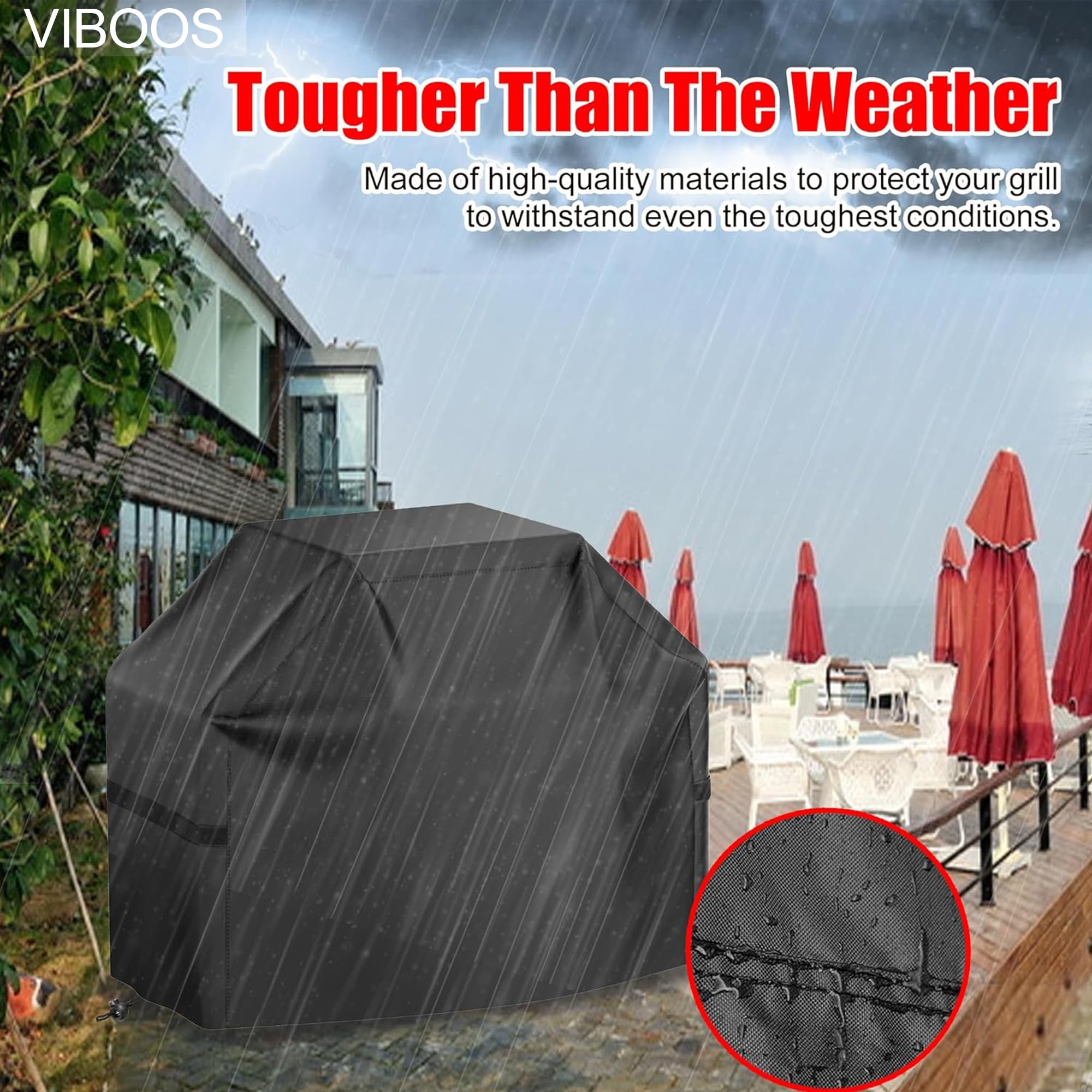 VIBOOS BBQ grill cover with dimensions displayed