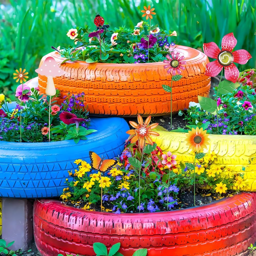 Vibrant metal flower stakes adding colour to a porch