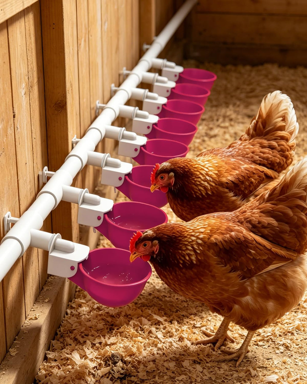 Vibrant purplish red psarnuk Chicken Waterer Cup on a bucket