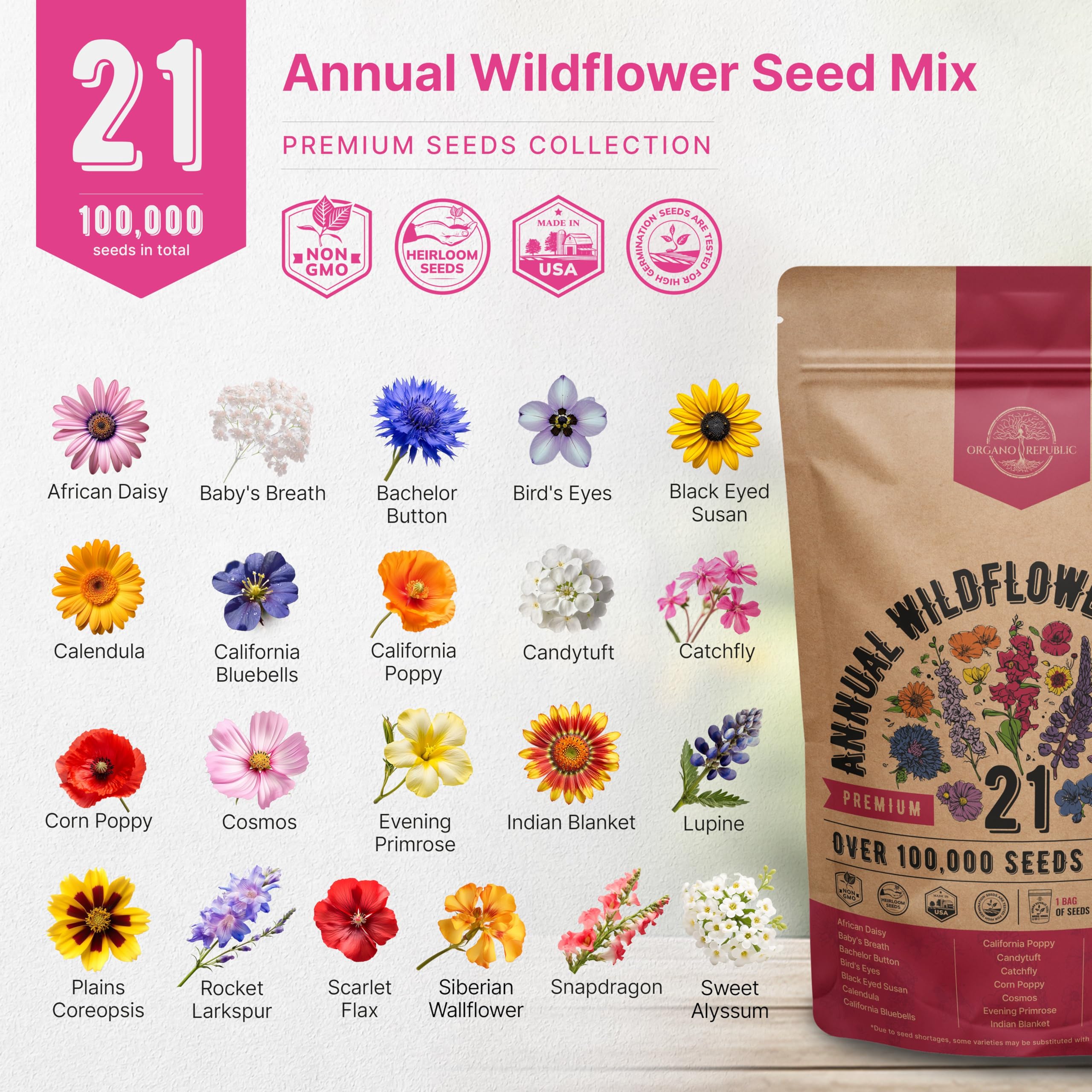 Vibrant wildflowers growing outdoors from Organo Republic seeds