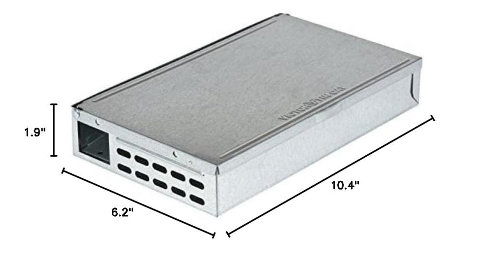 Victor M310S Tin Cat Mouse Trap dimensions on a ruler