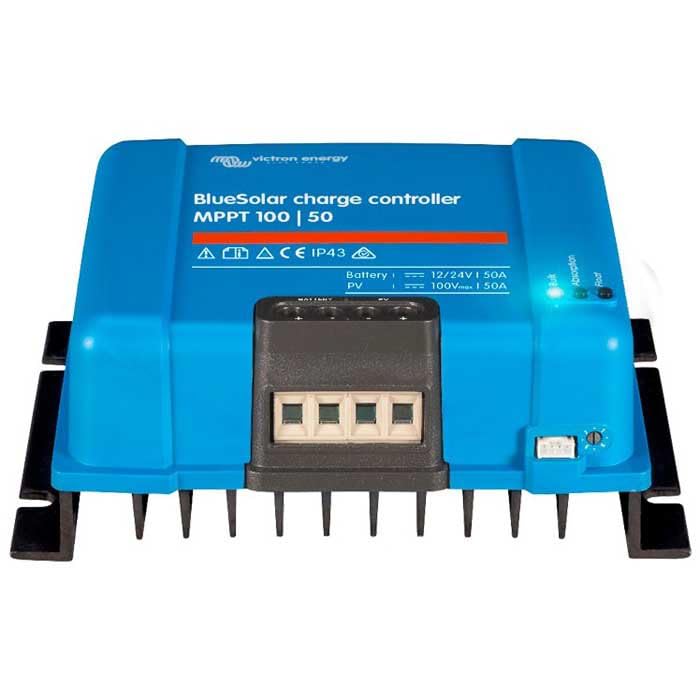 Victron Energy BlueSolar MPPT Solar Charge Controller mounted in an outdoor setting