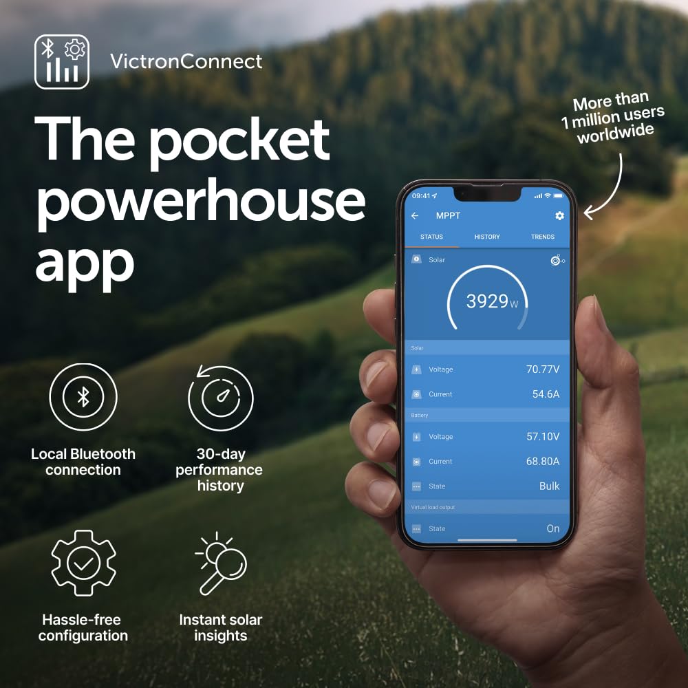 Victron Energy SmartSolar MPPT charge controller displaying app connectivity on smartphone