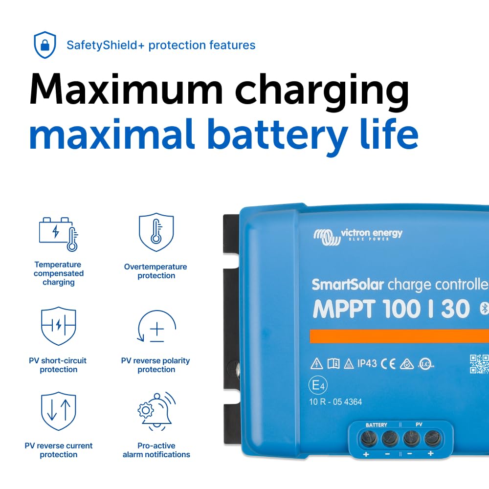 Victron Energy SmartSolar MPPT charge controller with a solar setup in the background
