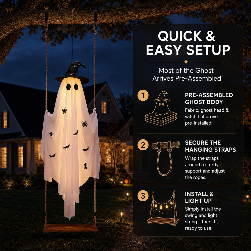 View of the Halloween ghost hanging on a tree branch