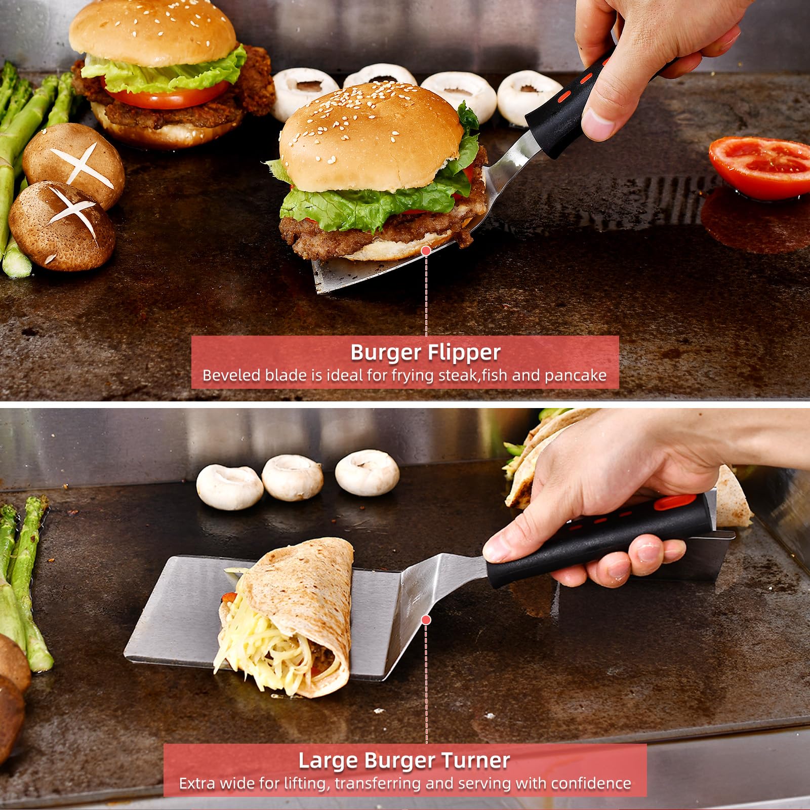 VIKEYHOME grilling spatula and burger press close-up
