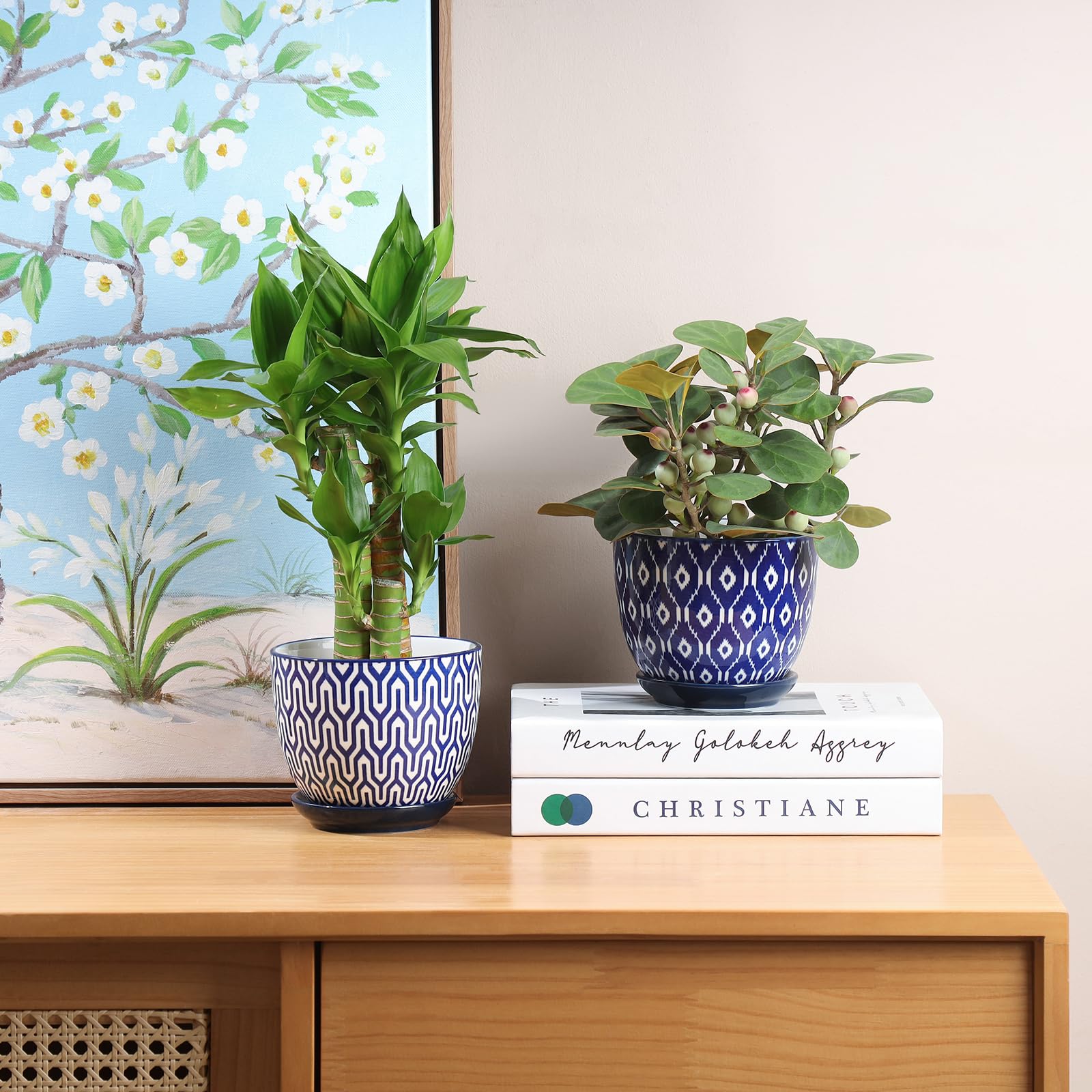 Vintage blue ceramic plant pot on a windowsill
