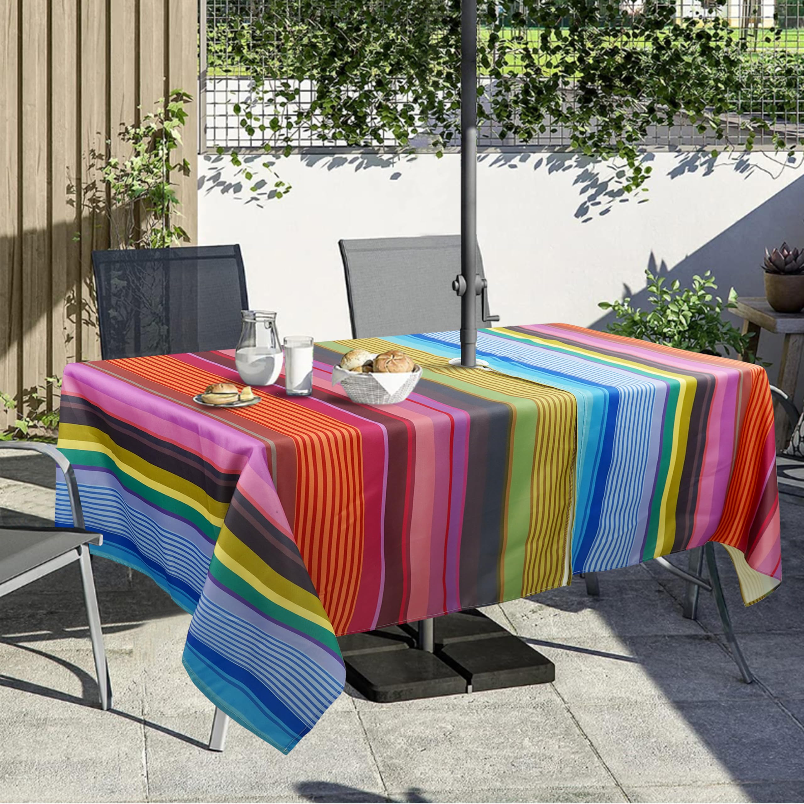 Virtumob Outdoor Tablecloth laid out on a summer picnic table