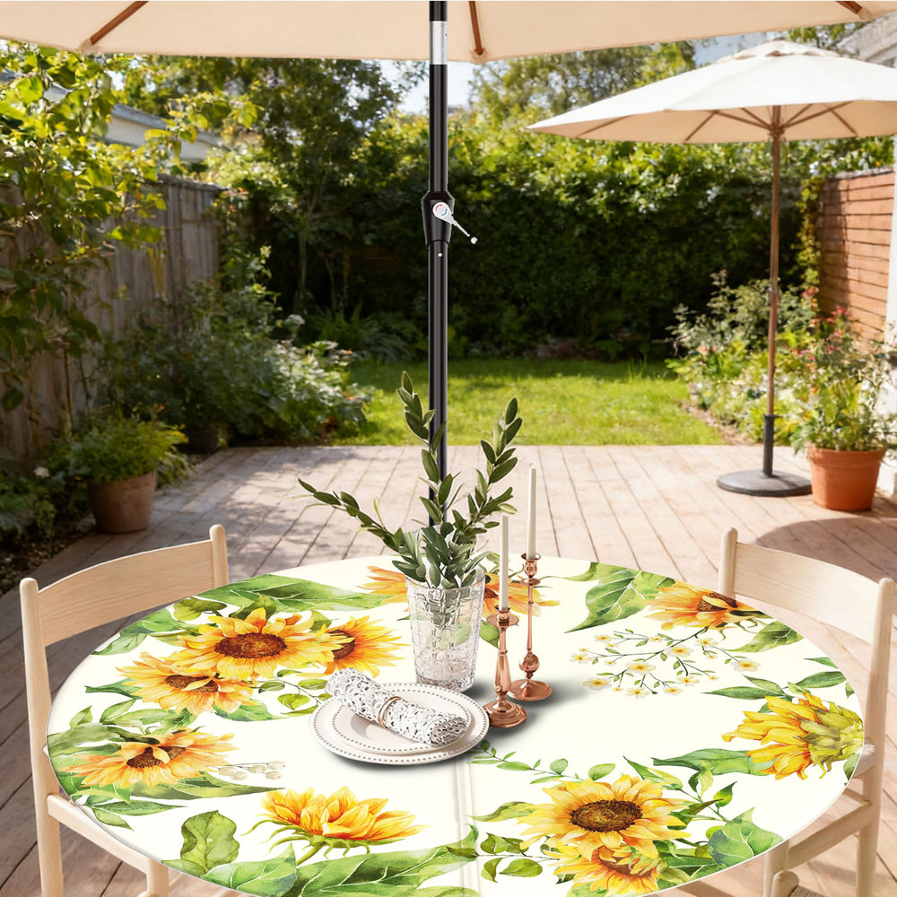 Virtumob Outdoor Tablecloth on a patio table with umbrella