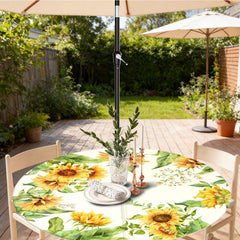 Virtumob Outdoor Tablecloth on a patio table with umbrella