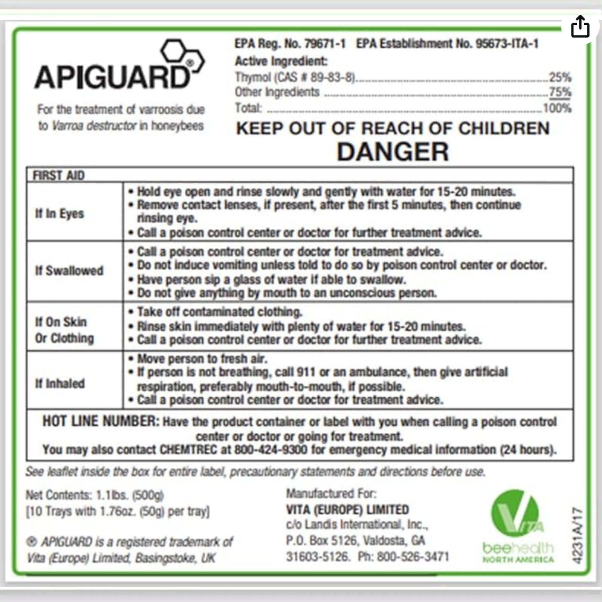 VITA BEEHEALTH Apiguard Varroa Mite 10 trays display
