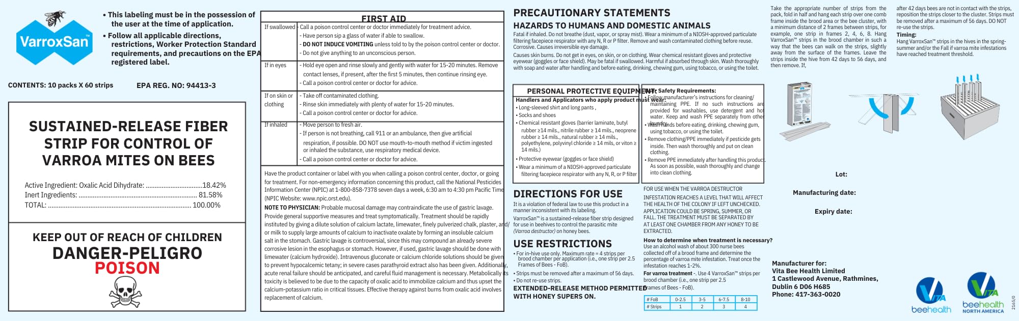 VITA BEEHEALTH Varroxsan Oxalic Acid Strips label with usage instructions