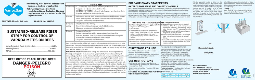 VITA BEEHEALTH Varroxsan Oxalic Acid Strips label with usage instructions