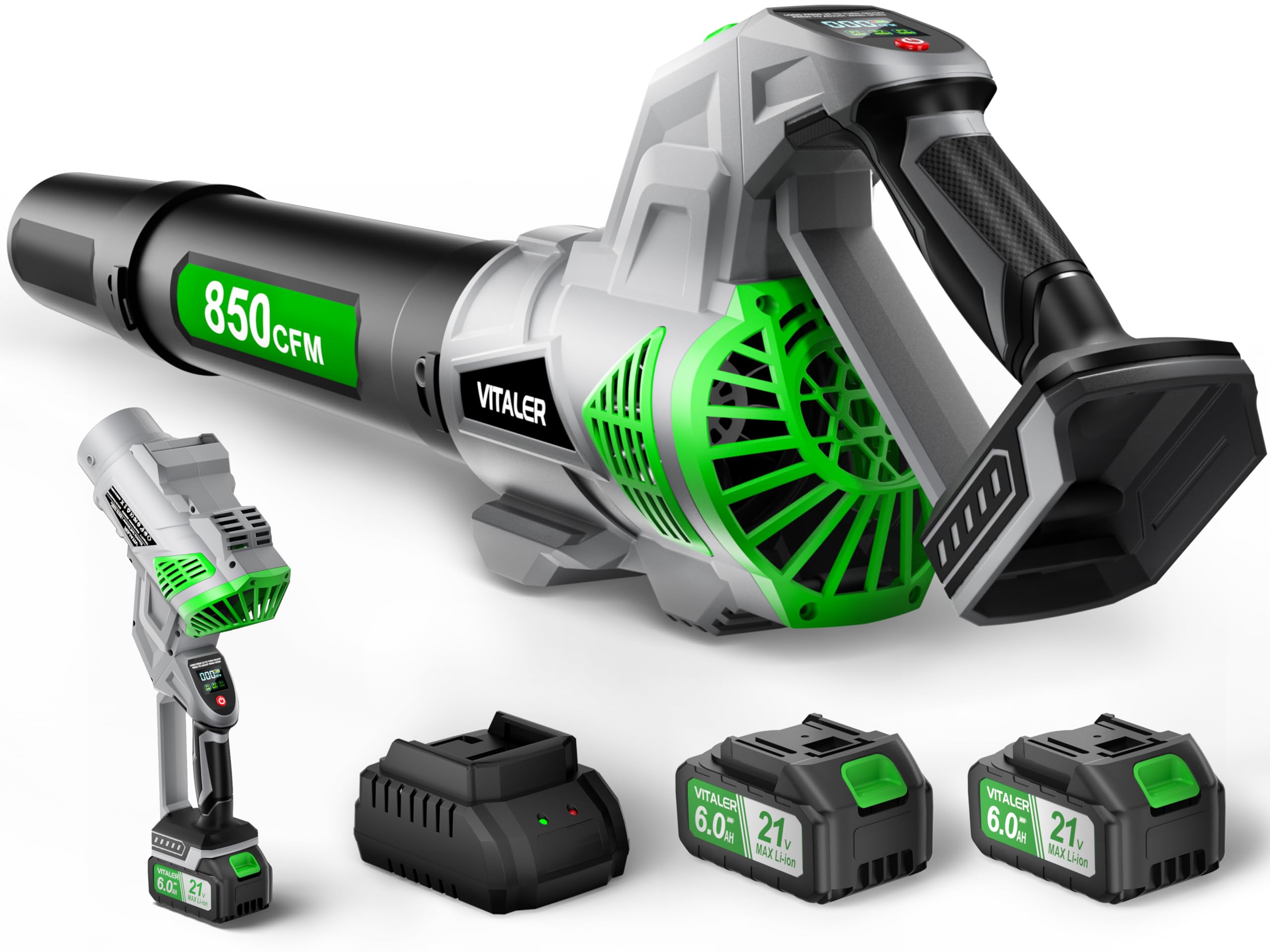 Vitaler Leaf Blower front view with 850 CFM and 250 MPH specifications