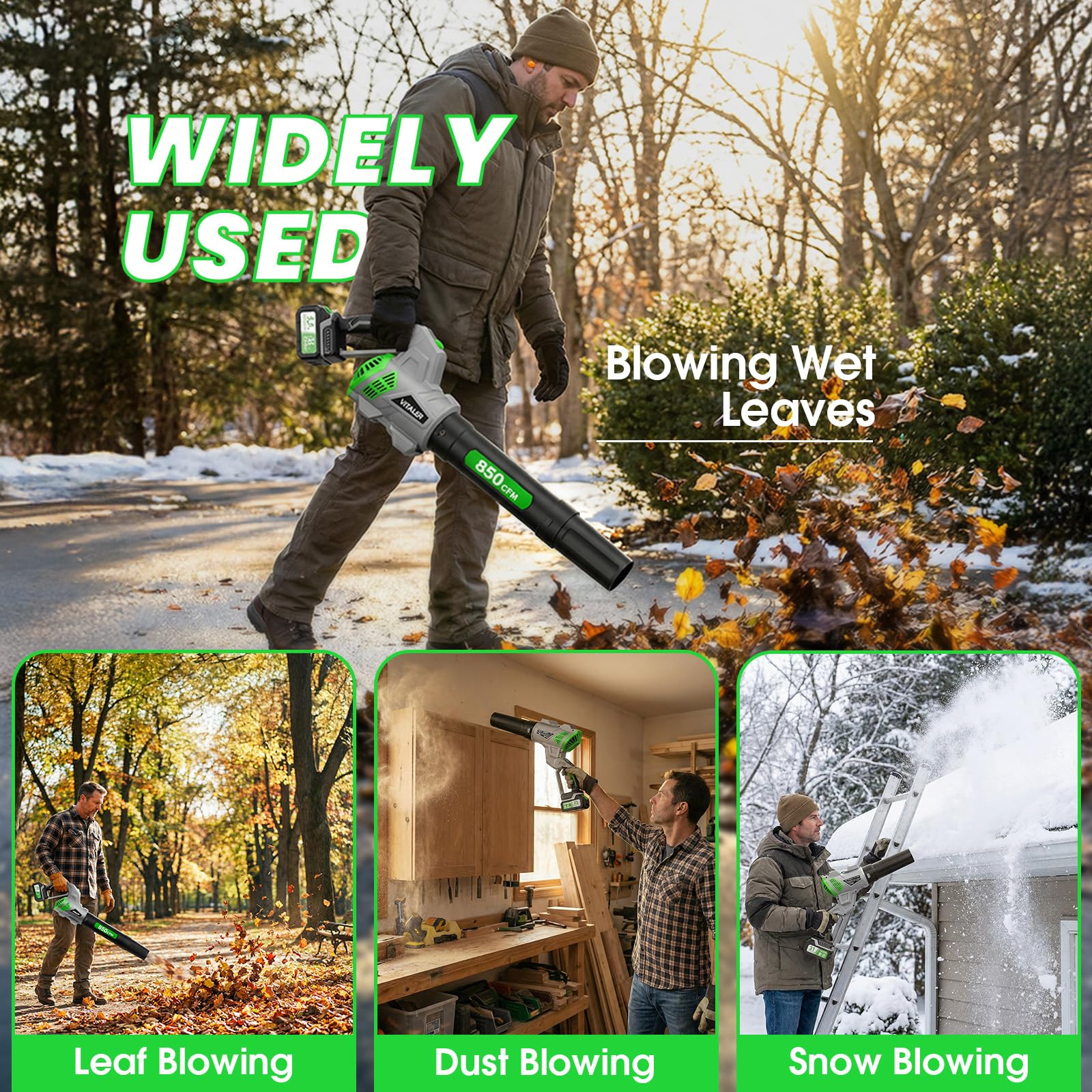 Vitaler Leaf Blower in use clearing leaves