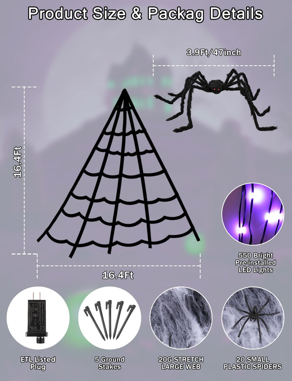 VITI Halloween Spider Web Lights with spider decoration outdoors