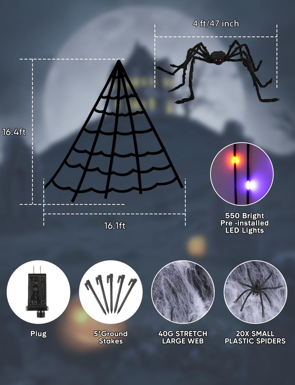 VITI spider web lights illuminating a yard during Halloween night