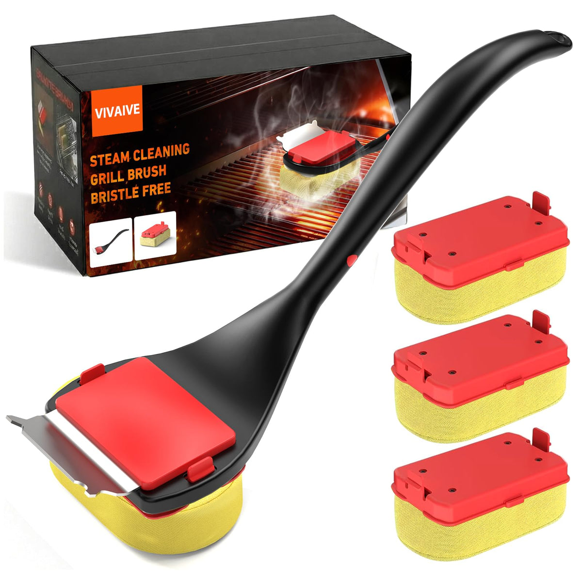 VIVAIVE bristle-free grill brush with yellow handle and scraper