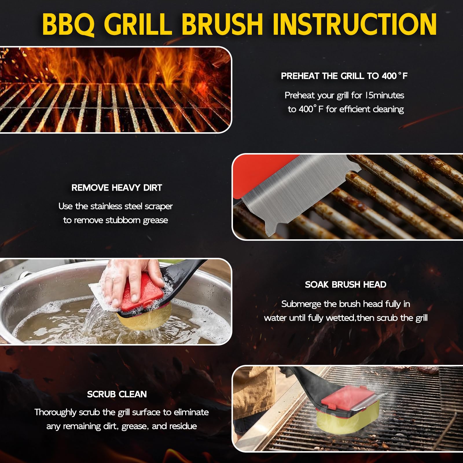 VIVAIVE grill brush with stainless steel scraper for tough residue