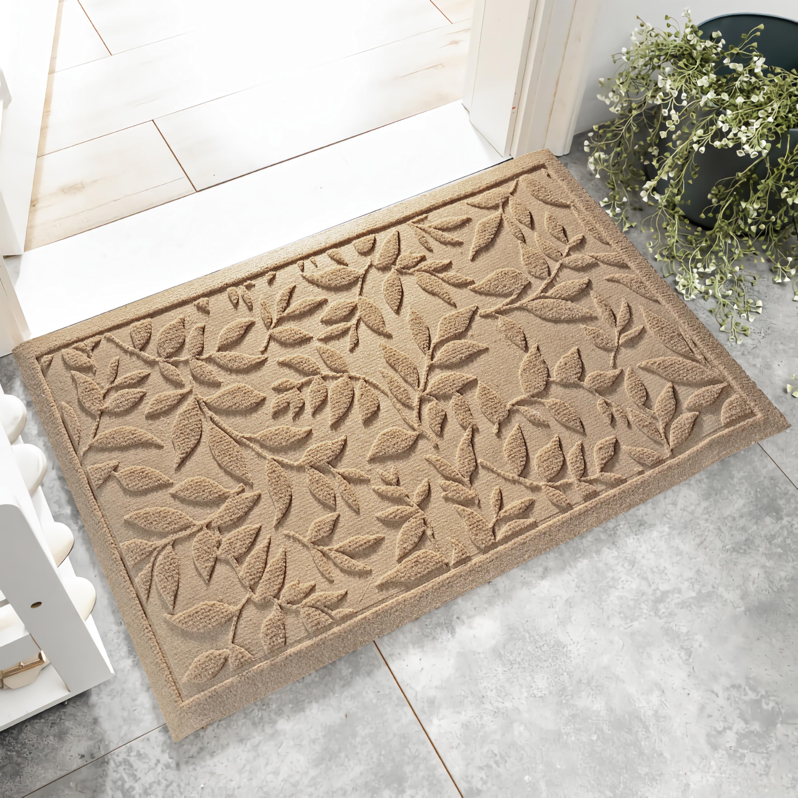 VivaNest Beige Leaves Doormat front view, 17x30 inch