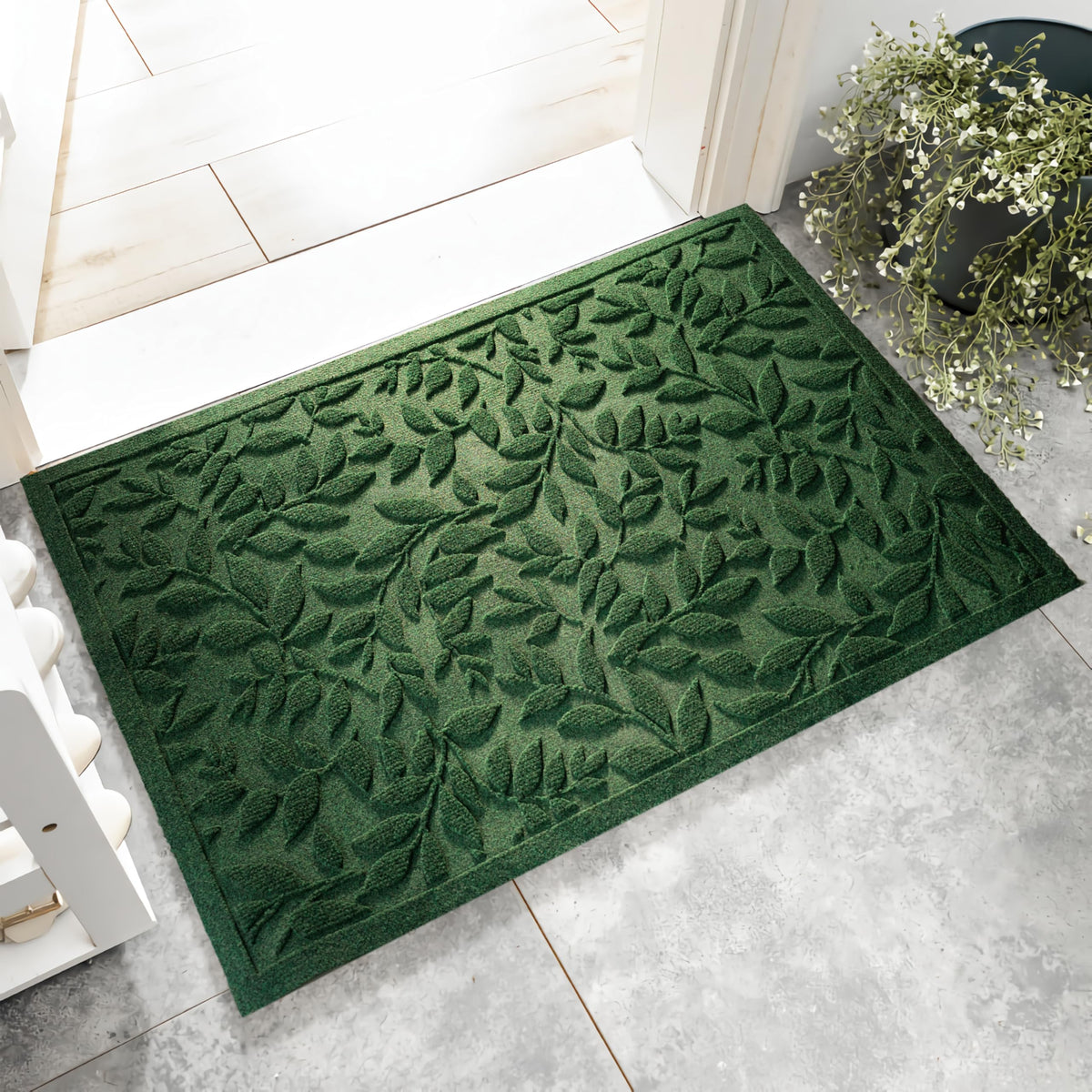 VivaNest Green Leaves Doormat front view, 23x35 inches