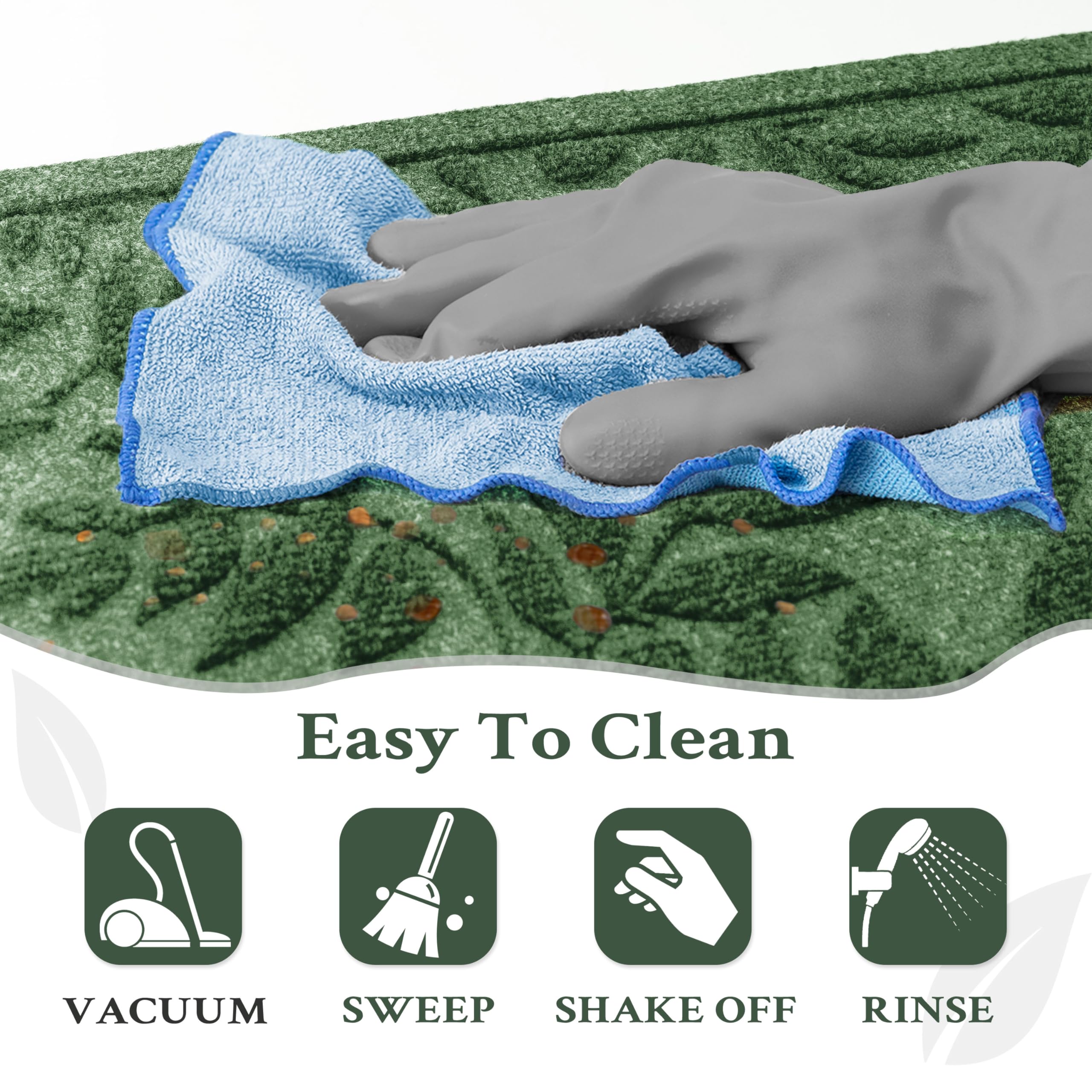 VivaNest Green Leaves Doormat showing dirt and debris capture