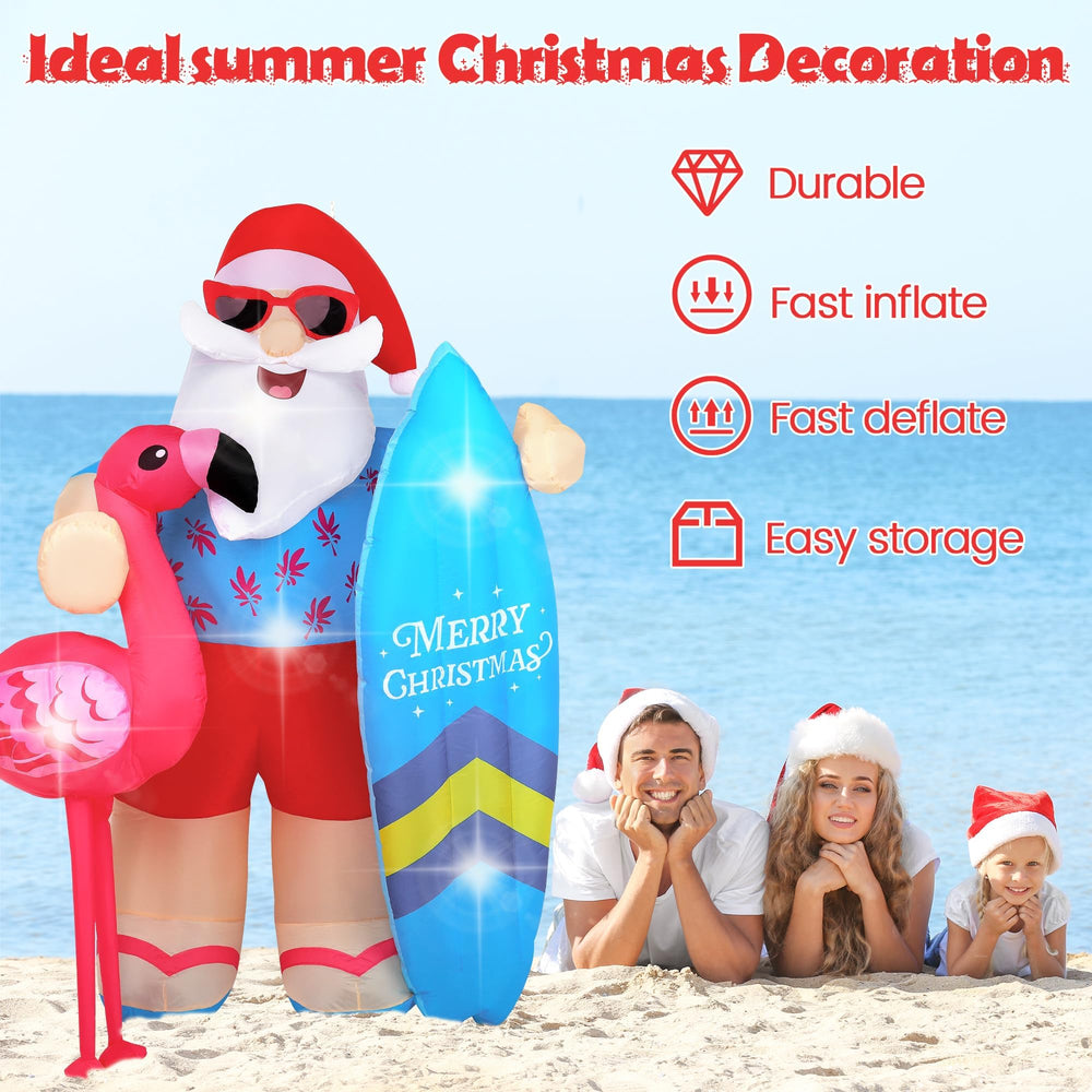 Vivantia inflatable Santa with surfboard in outdoor party setting