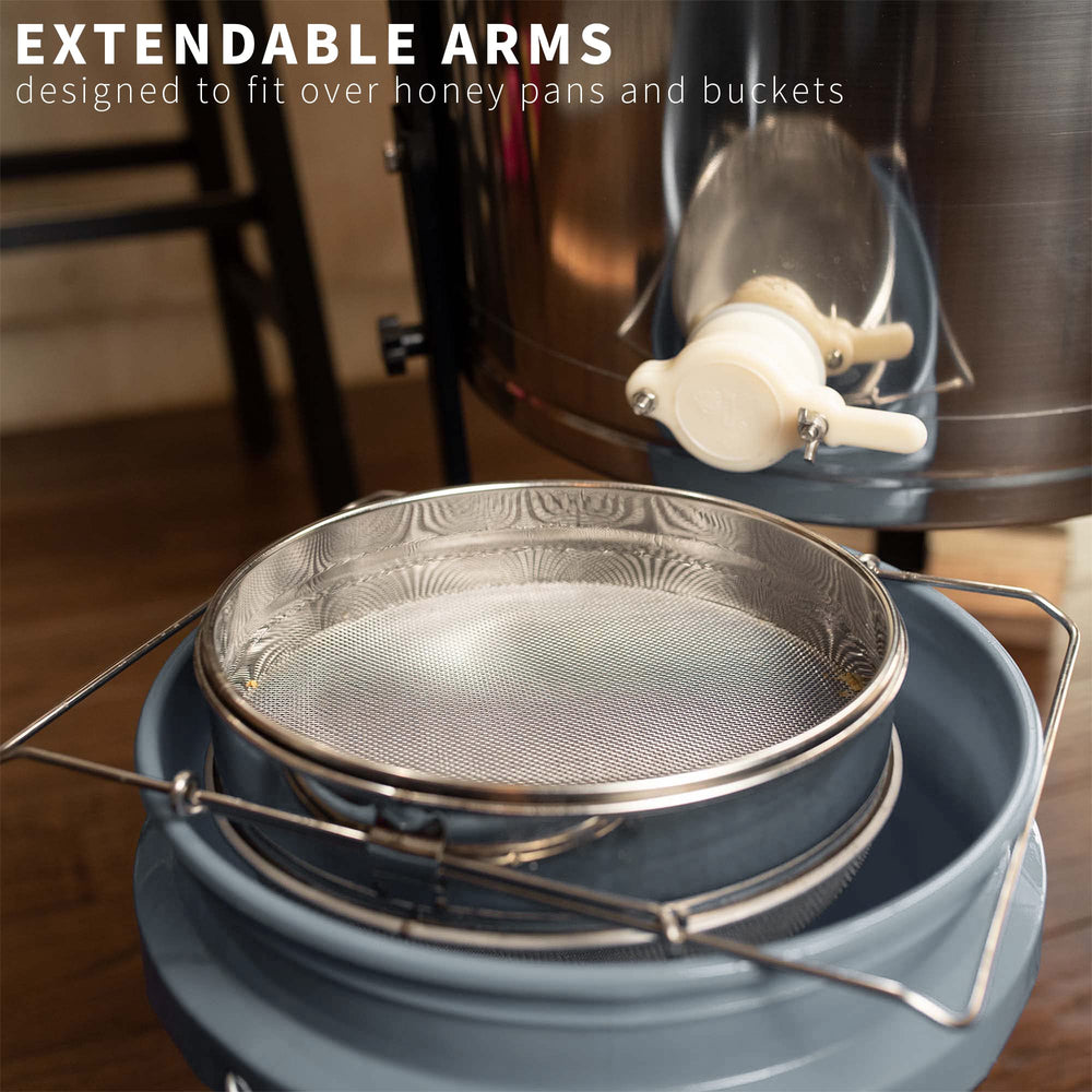 VIVO Double Sieve Honey Strainer with measurements displayed
