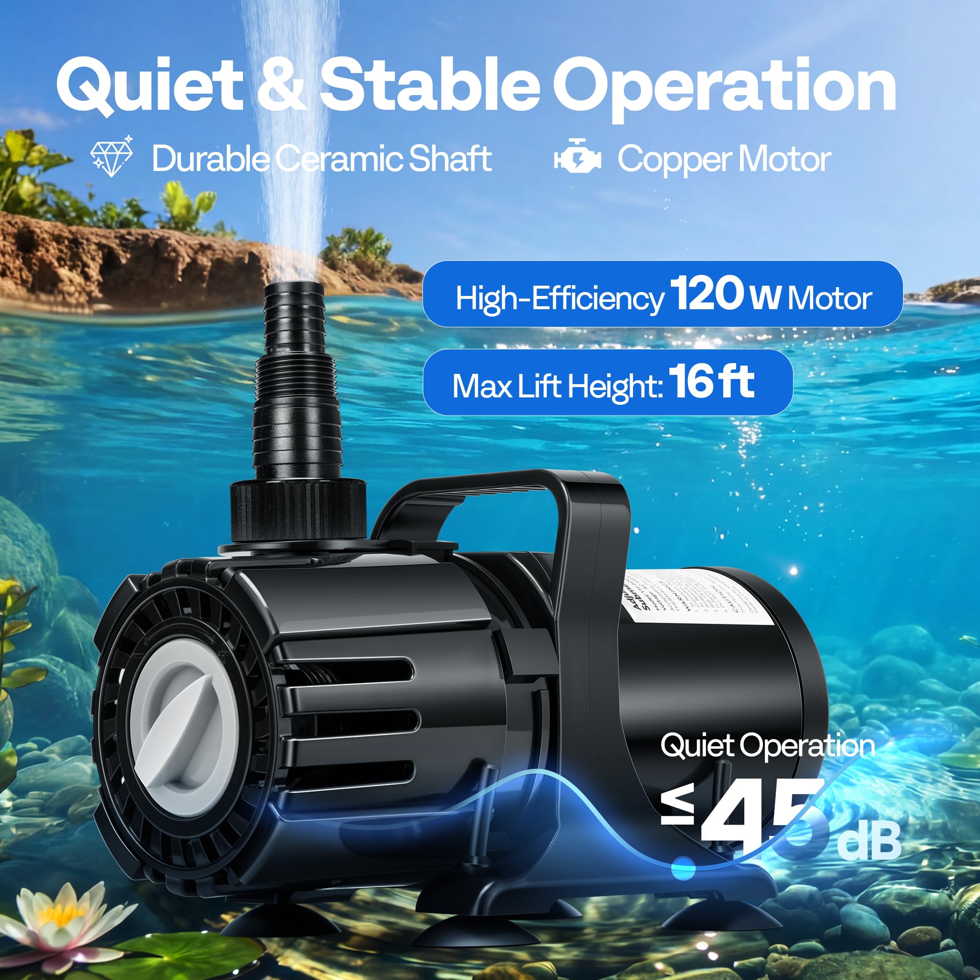 VIVOHOME 120W Pond Pump in use with water flowing from fountain