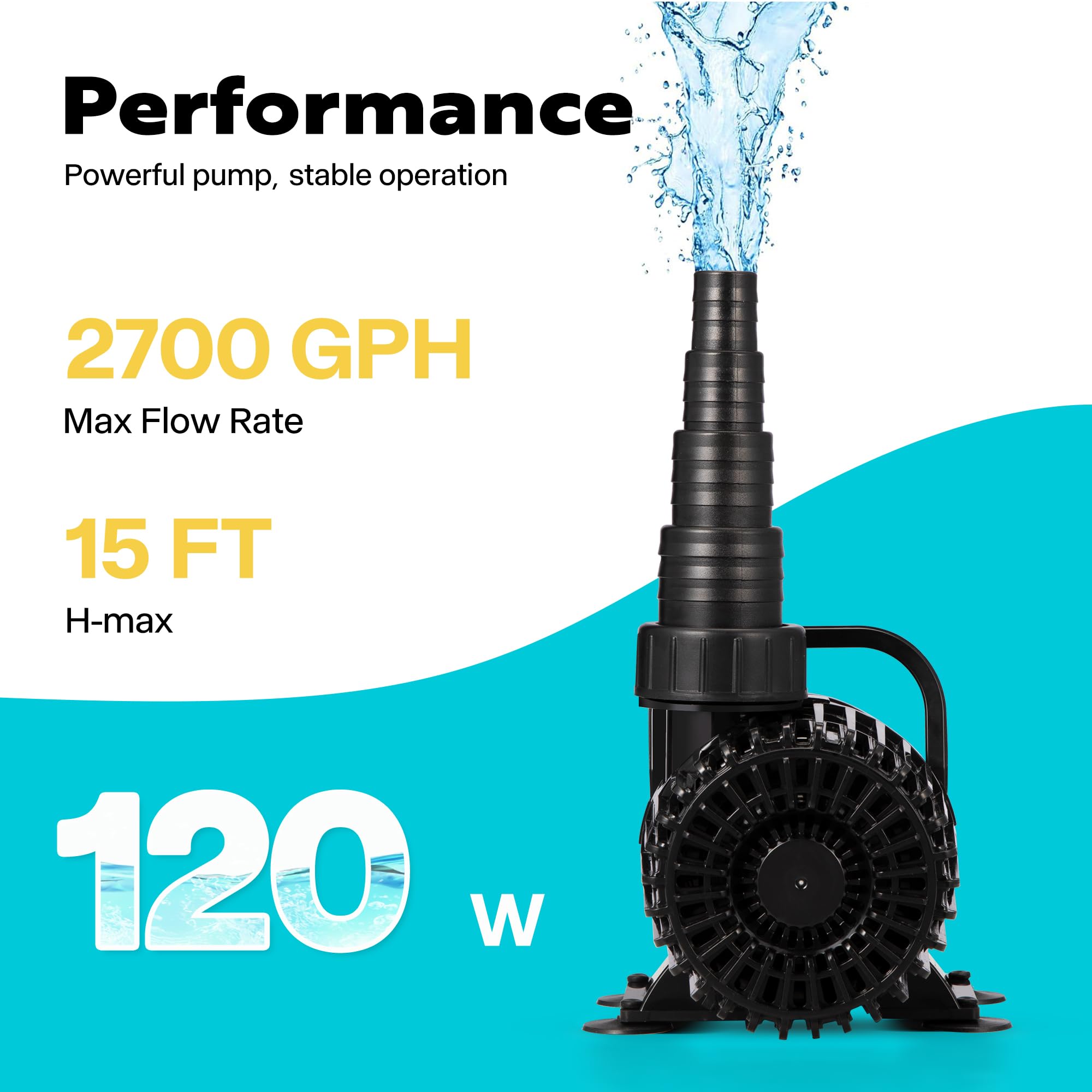VIVOHOME 120W Pond Pump side view showing power cable