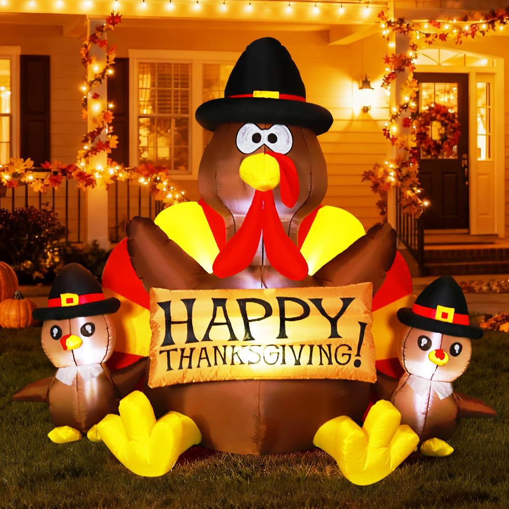 VIVOHOME 6ft inflatable turkey decoration front view with LED lights