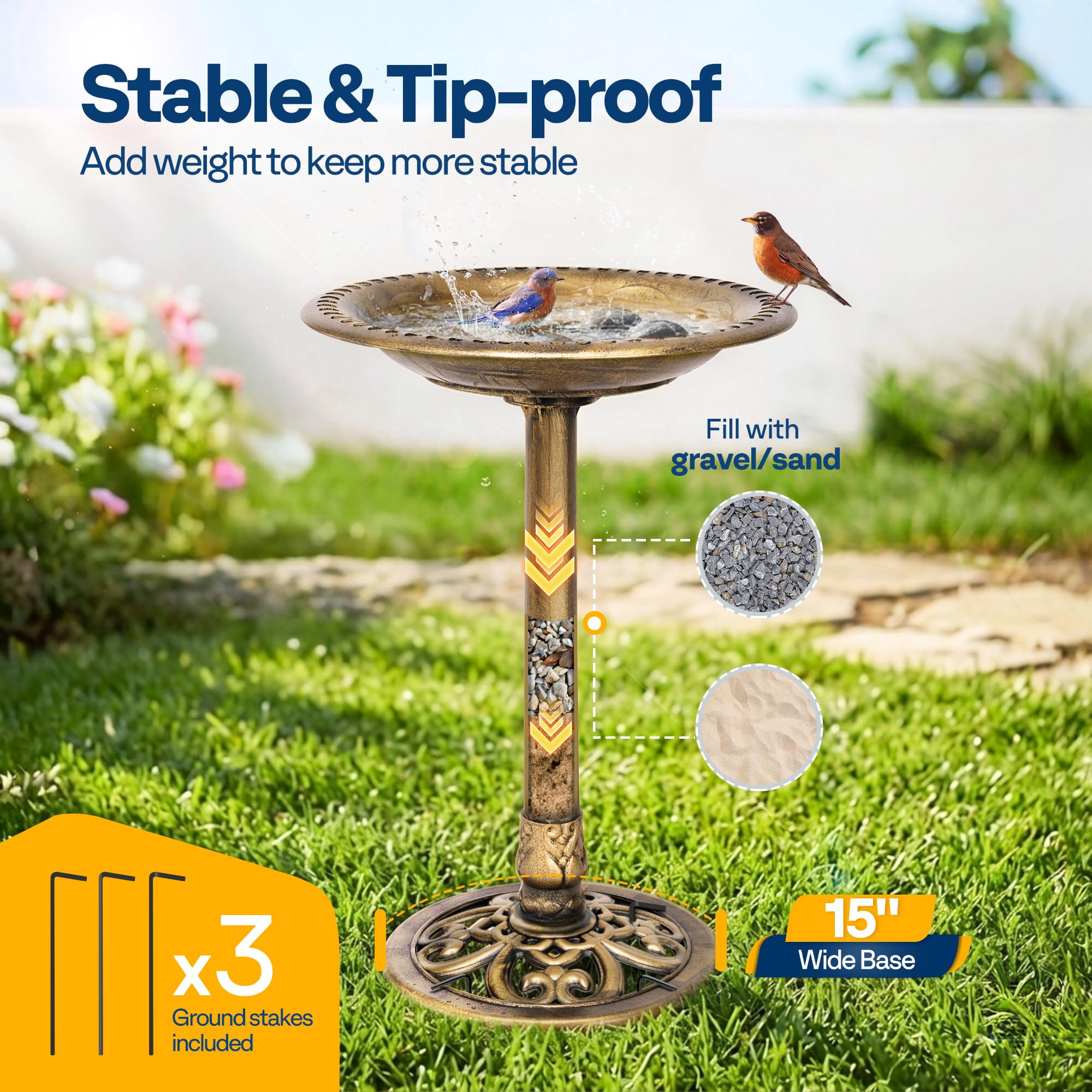VIVOHOME Bird Bath Antique Copper side view showing stability features