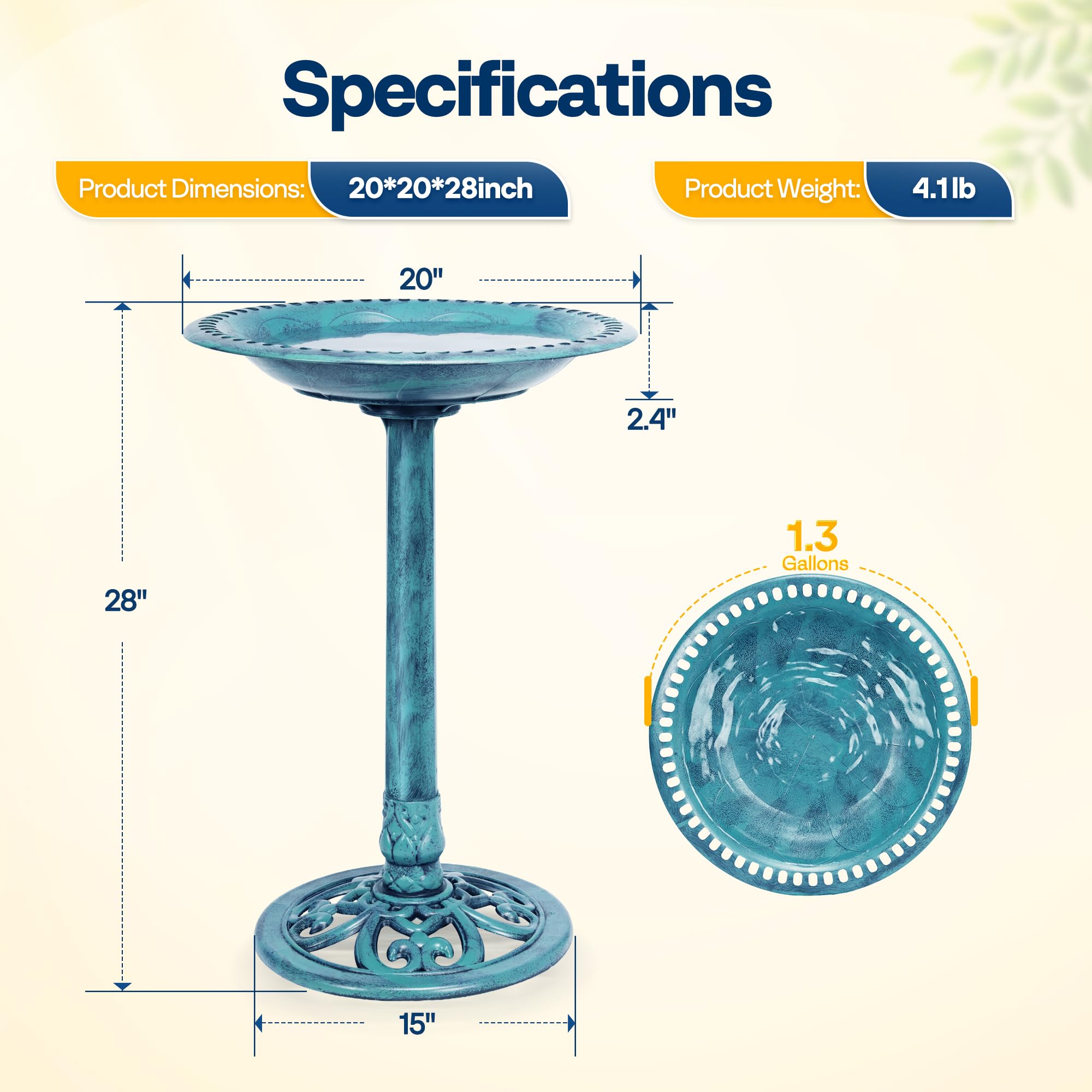 VIVOHOME Bird Bath dimensions and design overview