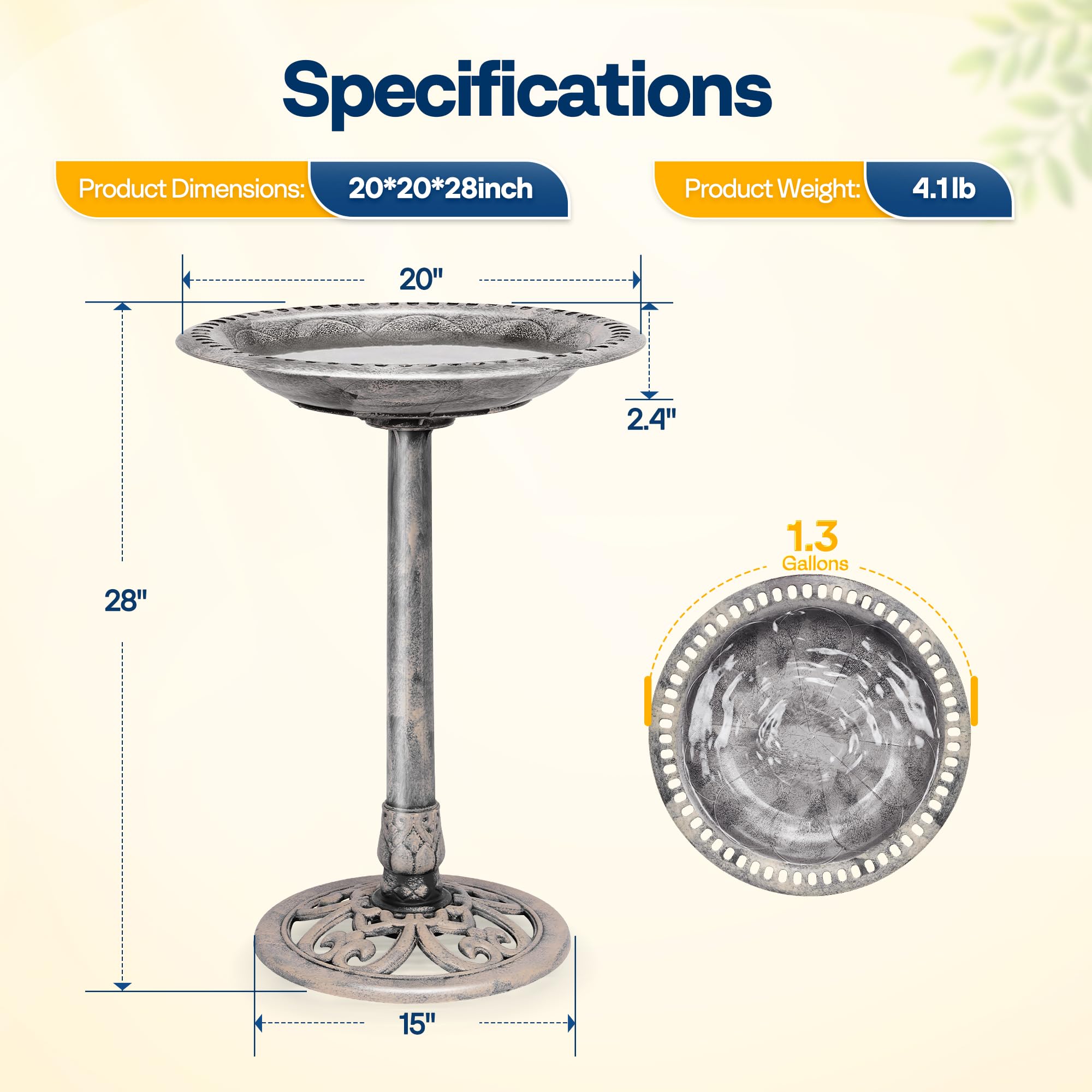 VIVOHOME Bird Bath Gray close-up of textured rim