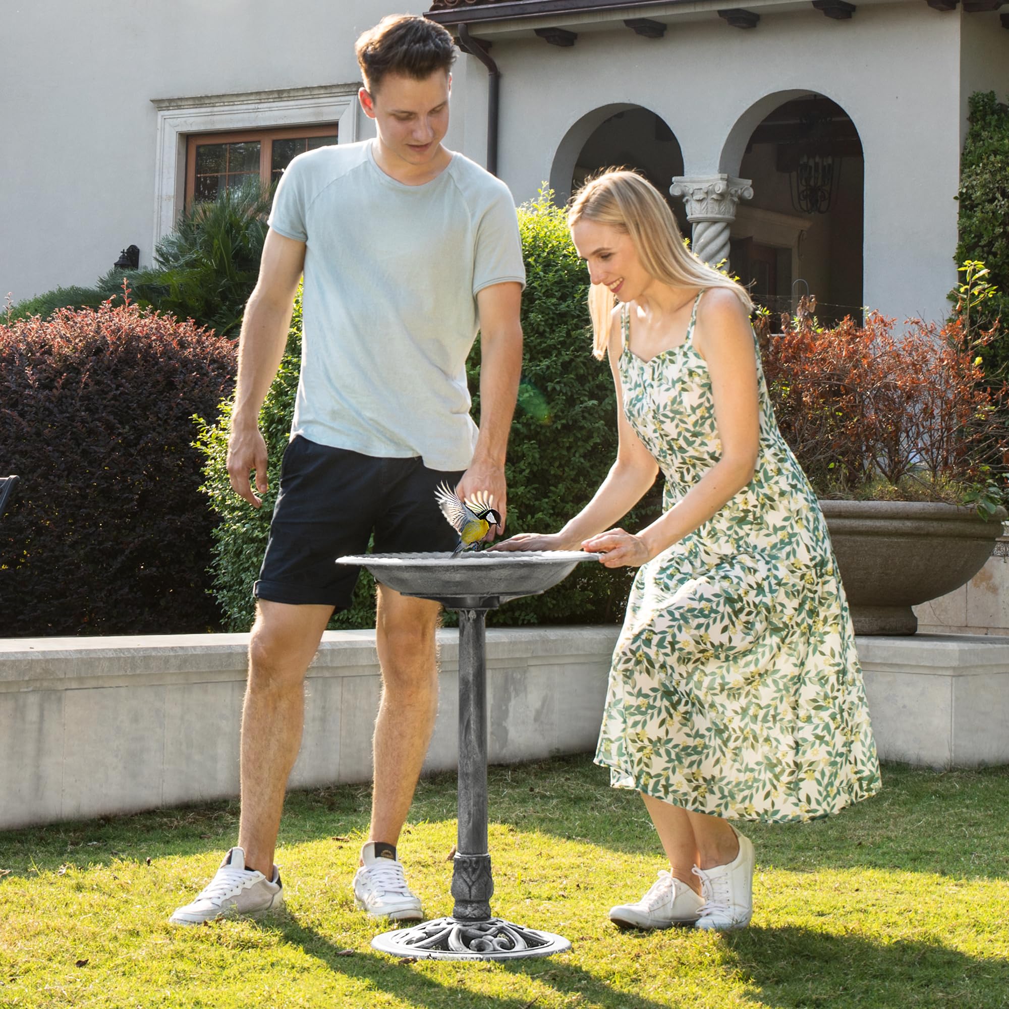 VIVOHOME Bird Bath Gray side view showing support pole