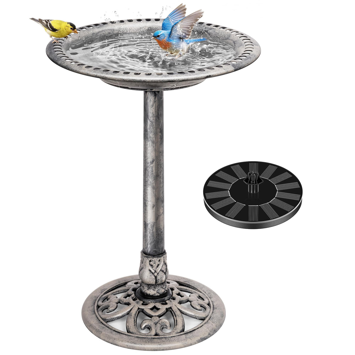 VIVOHOME Bird Bath with Solar Fountain front view in gray