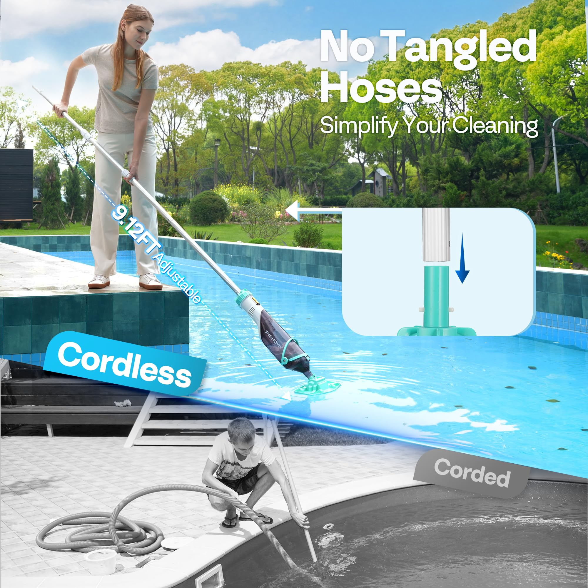 VIVOHOME Handheld Pool Vacuum side view showing extendable pole