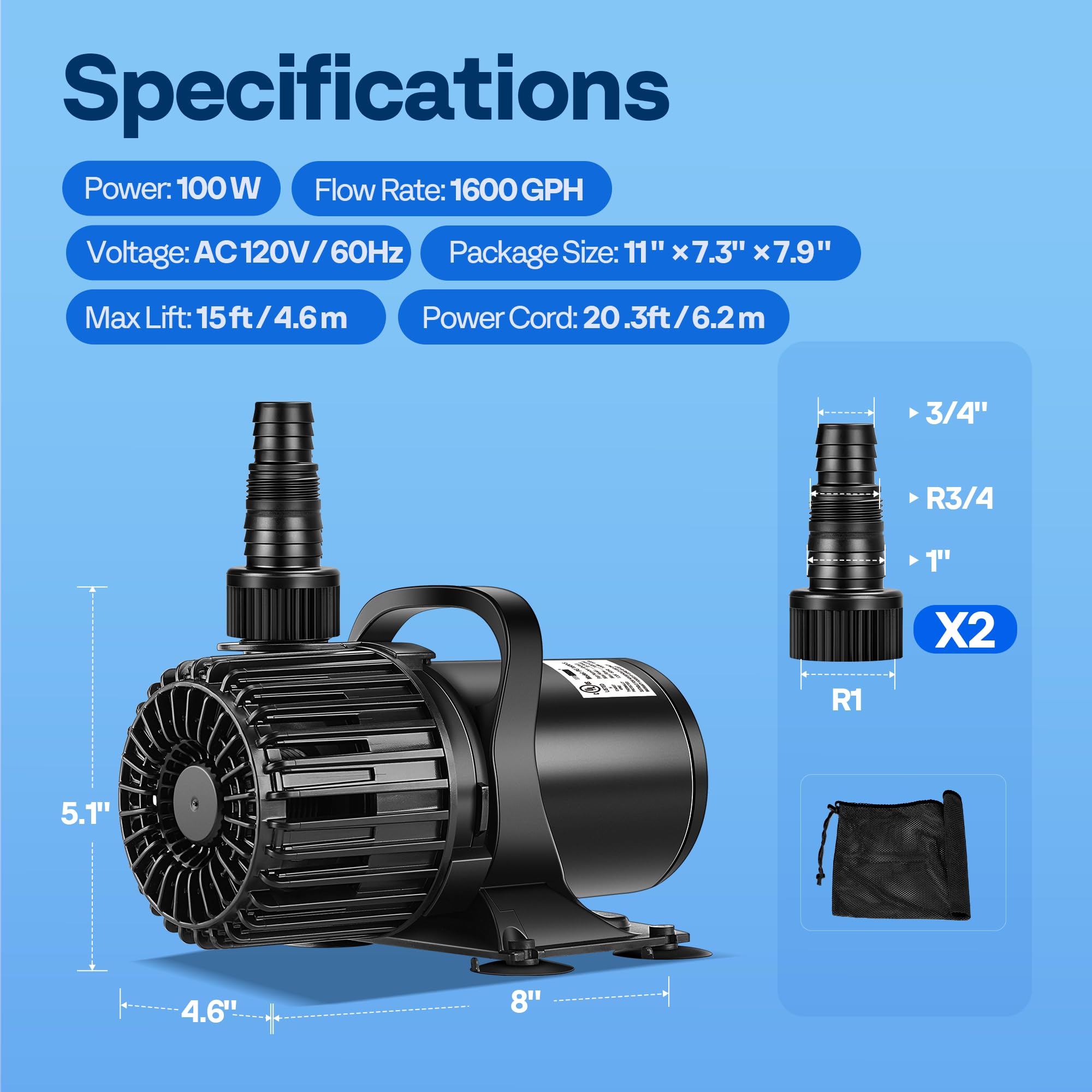 VIVOHOME pump dimensions and specifications