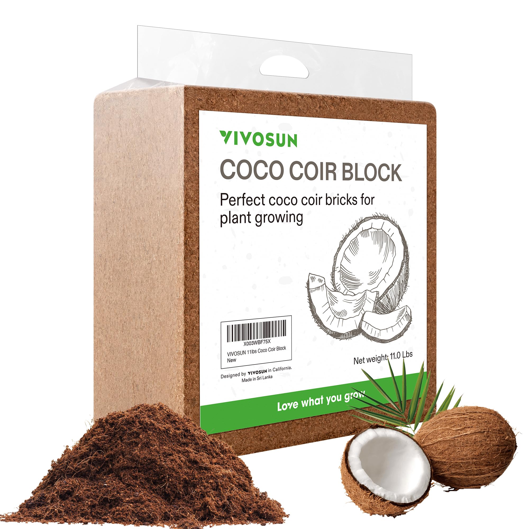 VIVOSUN 11lbs coco coir brick front view with carry handle
