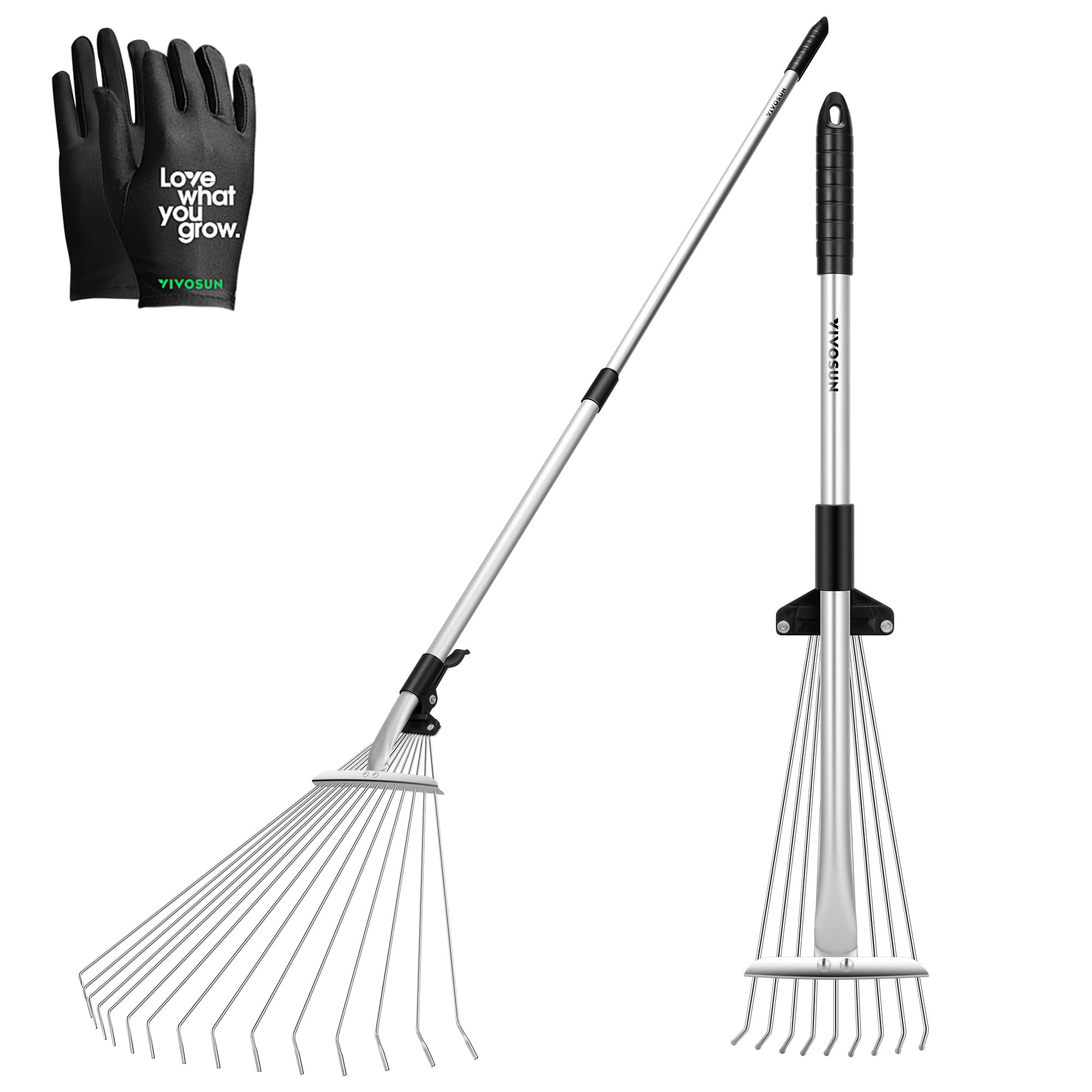 VIVOSUN 2-Piece Leaf Rake Set with 15/9 tines and adjustable handles