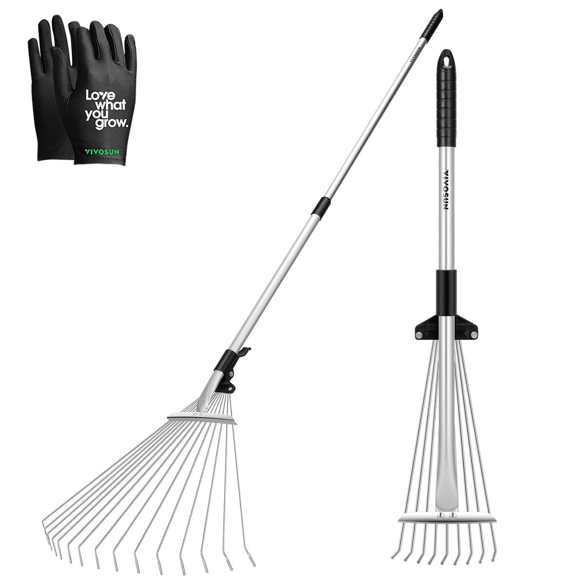 VIVOSUN 2-Piece Leaf Rake Set with 15/9 tines and adjustable handles