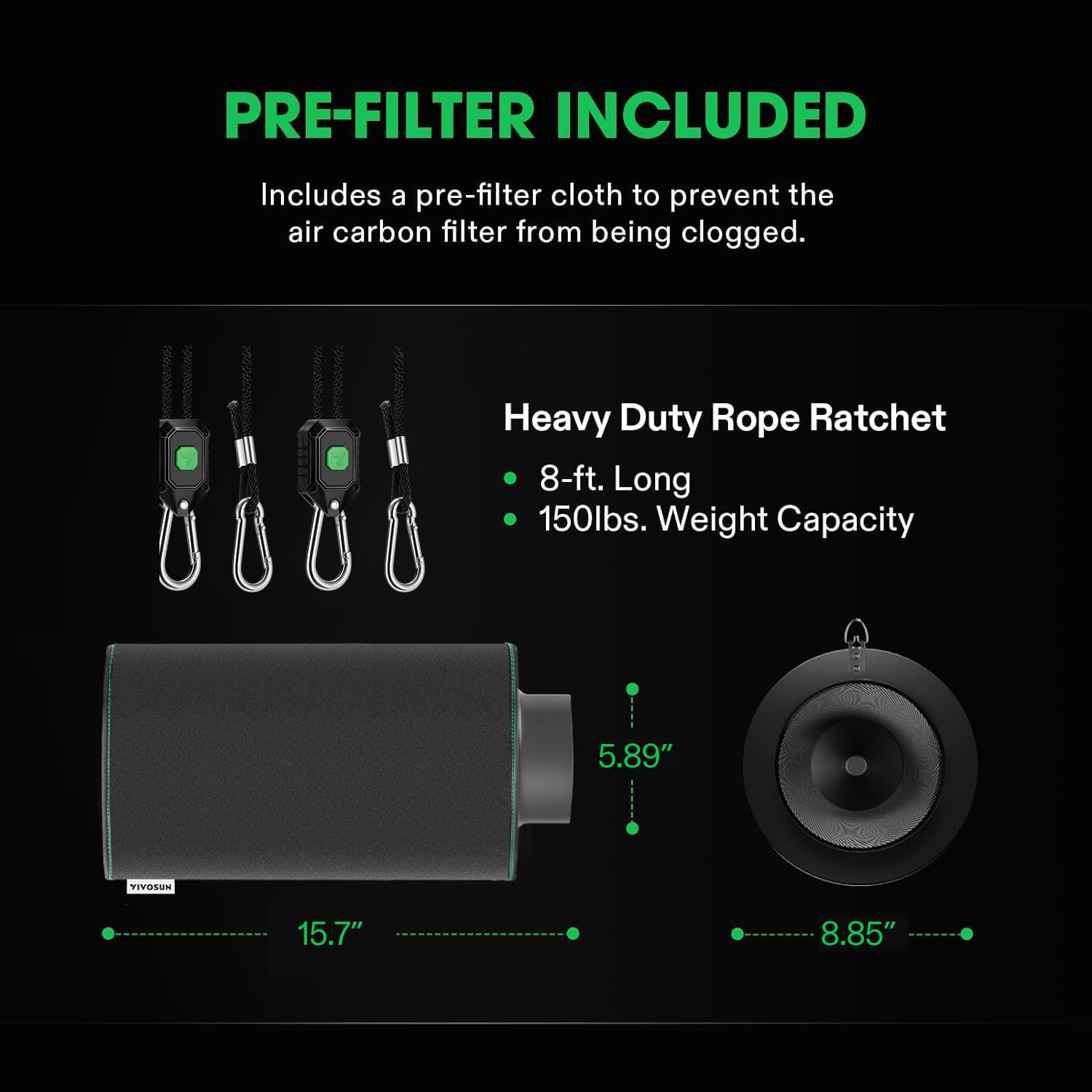 VIVOSUN 6" Pro Carbon Filter side view showing airflow design