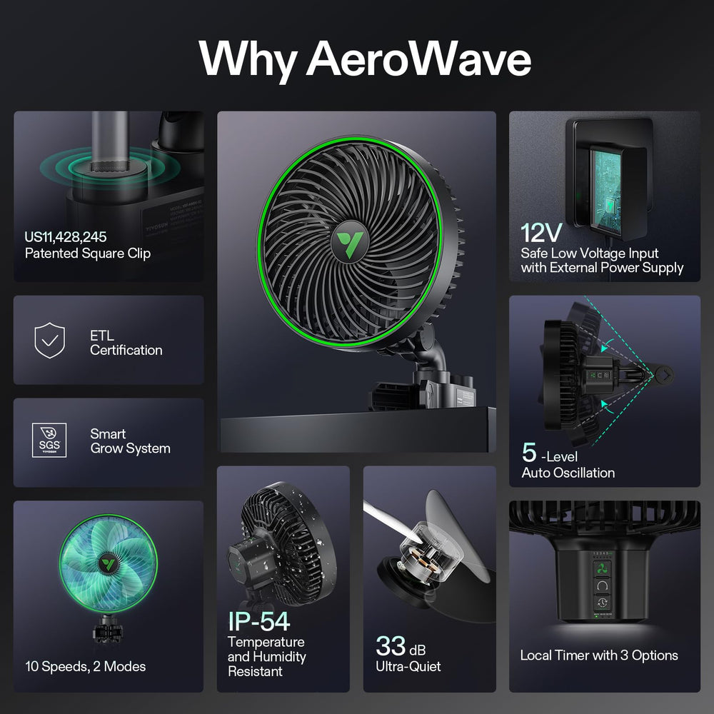 VIVOSUN AeroWave E6 Gen2 Clip Fan attached to a pole