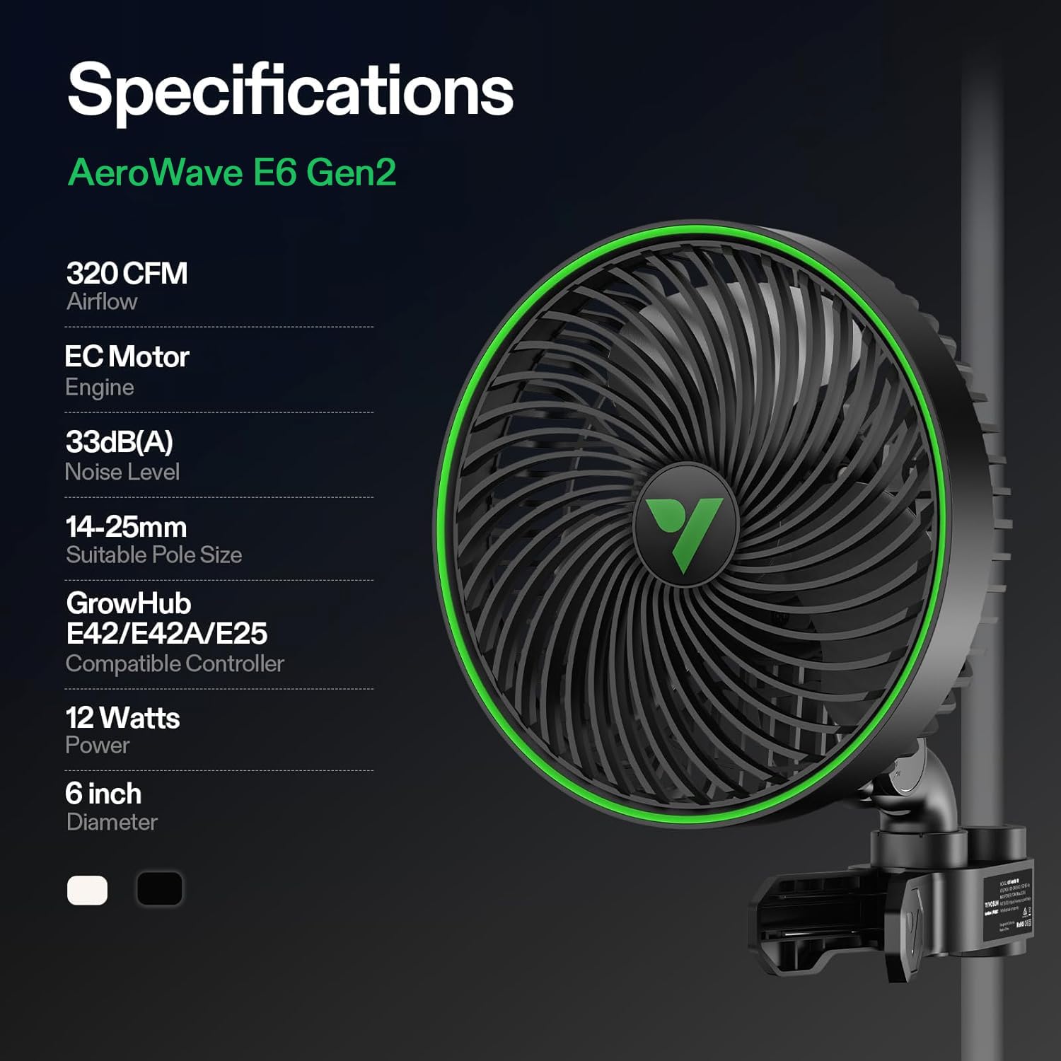 VIVOSUN AeroWave E6 Gen2 Clip Fan in black colour