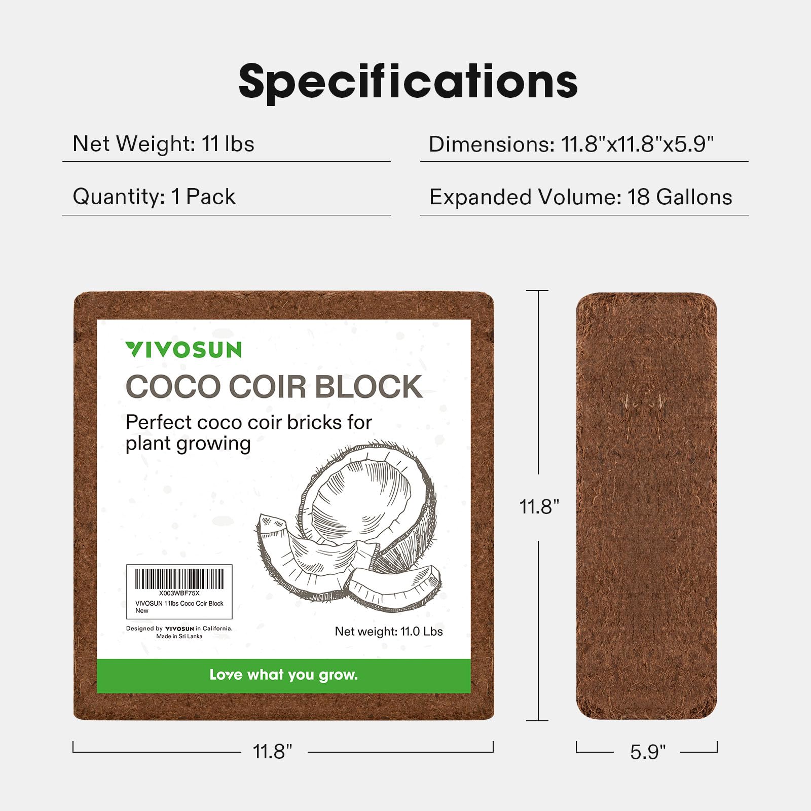 VIVOSUN coco coir brick alongside gardening tools
