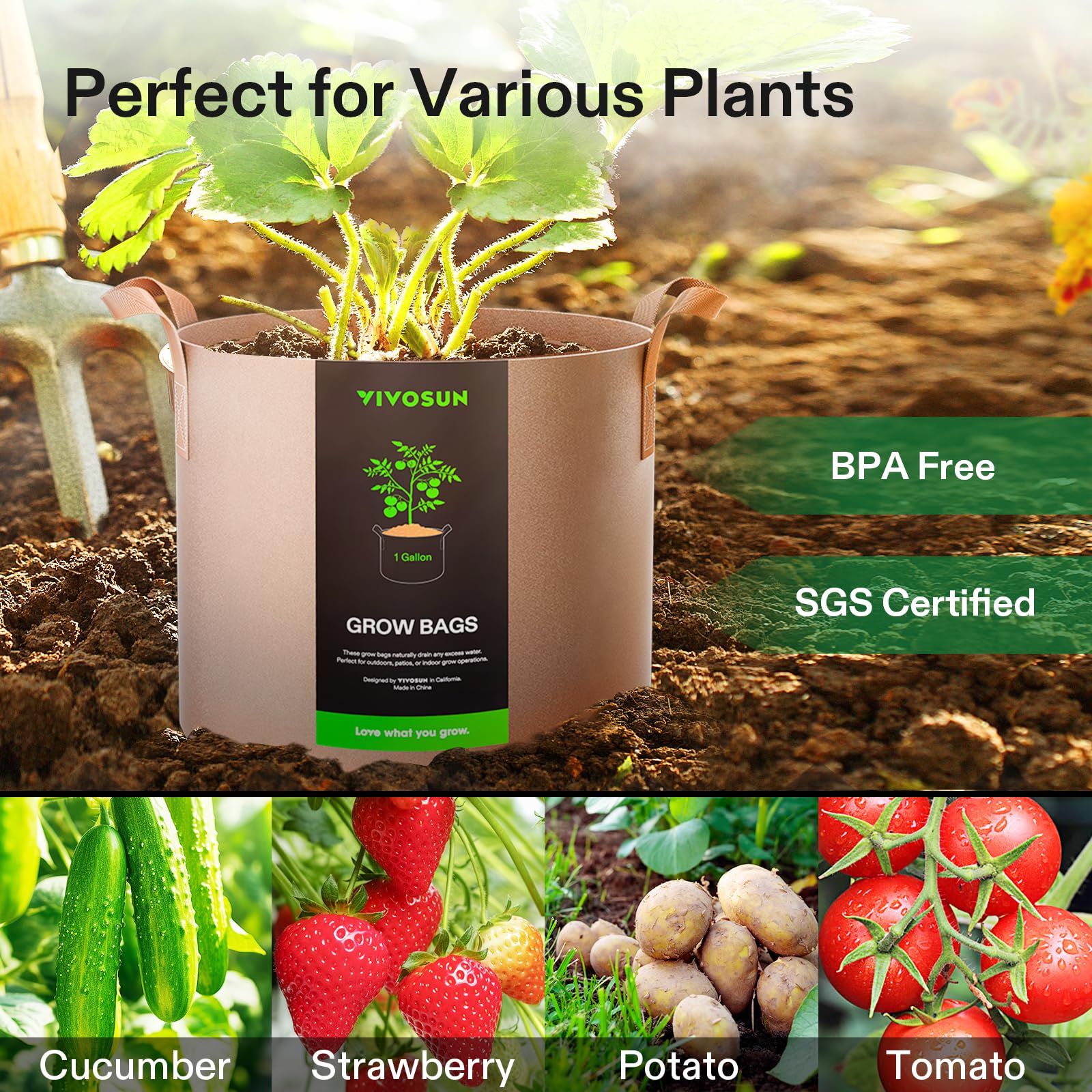 VIVOSUN grow bags with plants in a garden setting