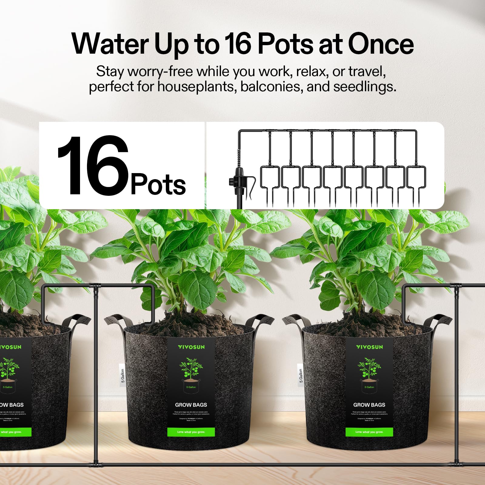VIVOSUN irrigation kit setup with 16 plants watering